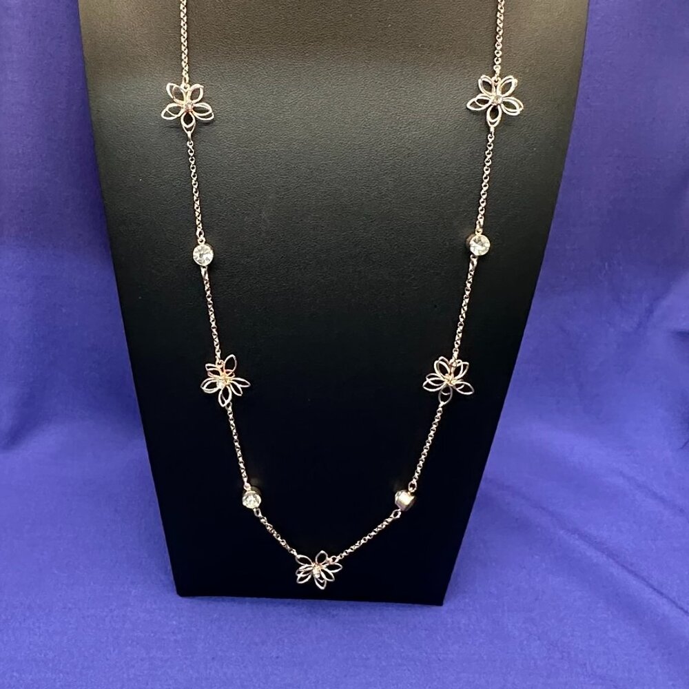 C1946 Long Gold-Tone Flower & Clear Crystal Station Necklace - Picture 3 of 15